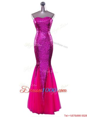 Mermaid Sleeveless Sequined Floor Length Zipper Prom Gown in Fuchsia for with Sequins