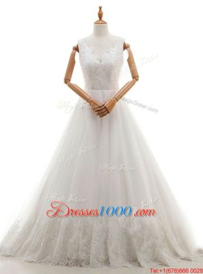 Beautiful V-neck Sleeveless Wedding Gowns With Train Court Train Lace and Appliques White Organza and Tulle