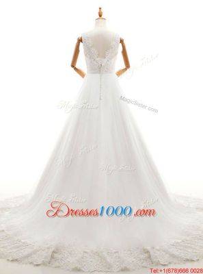 Beautiful V-neck Sleeveless Wedding Gowns With Train Court Train Lace and Appliques White Organza and Tulle