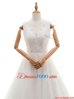 Beautiful V-neck Sleeveless Wedding Gowns With Train Court Train Lace and Appliques White Organza and Tulle