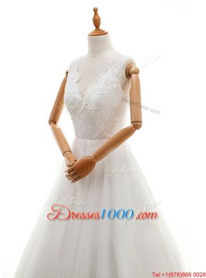 Beautiful V-neck Sleeveless Wedding Gowns With Train Court Train Lace and Appliques White Organza and Tulle