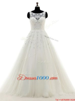 Beauteous Scoop Sleeveless With Train Beading and Lace and Appliques Backless Wedding Gowns with White Brush Train