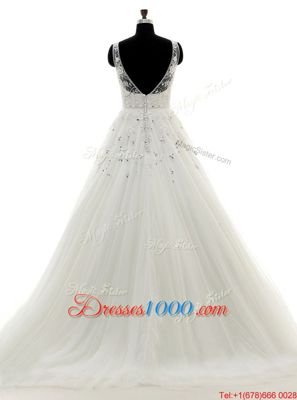 Beauteous Scoop Sleeveless With Train Beading and Lace and Appliques Backless Wedding Gowns with White Brush Train