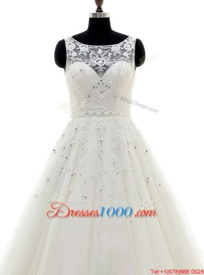 Beauteous Scoop Sleeveless With Train Beading and Lace and Appliques Backless Wedding Gowns with White Brush Train