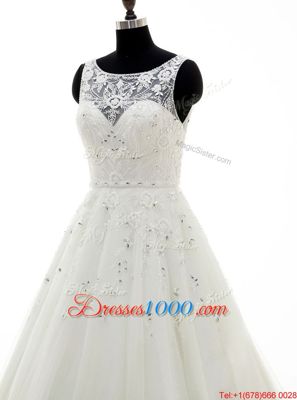 Beauteous Scoop Sleeveless With Train Beading and Lace and Appliques Backless Wedding Gowns with White Brush Train