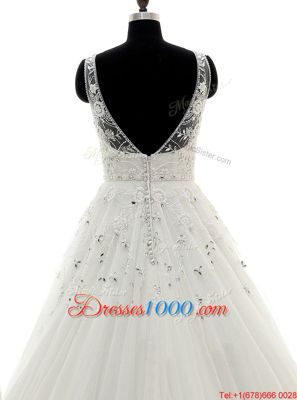 Beauteous Scoop Sleeveless With Train Beading and Lace and Appliques Backless Wedding Gowns with White Brush Train