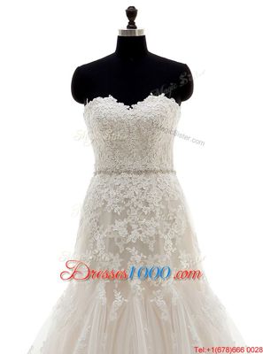 Glorious Mermaid Sleeveless Tulle With Brush Train Lace Up Wedding Dress in Champagne for with Appliques