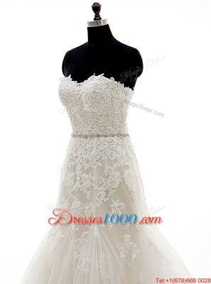 Glorious Mermaid Sleeveless Tulle With Brush Train Lace Up Wedding Dress in Champagne for with Appliques