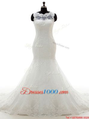 Mermaid Scoop Sleeveless Court Train Clasp Handle Wedding Dress White Tulle