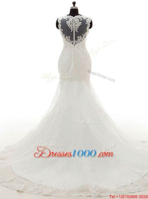 Mermaid Scoop Sleeveless Court Train Clasp Handle Wedding Dress White Tulle