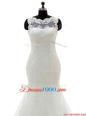 Mermaid Scoop Sleeveless Court Train Clasp Handle Wedding Dress White Tulle