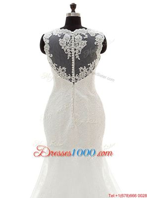 Mermaid Scoop Sleeveless Court Train Clasp Handle Wedding Dress White Tulle