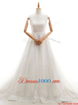 Excellent White A-line Sweetheart Sleeveless Tulle With Train Court Train Clasp Handle Appliques Wedding Dress