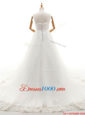 Excellent White A-line Sweetheart Sleeveless Tulle With Train Court Train Clasp Handle Appliques Wedding Dress