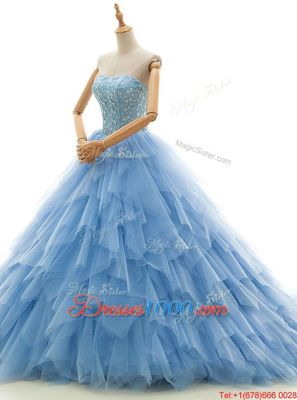 Customized Baby Blue Sleeveless Court Train Beading and Ruffles With Train Bridal Gown