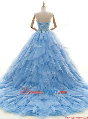 Customized Baby Blue Sleeveless Court Train Beading and Ruffles With Train Bridal Gown