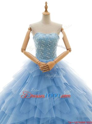Customized Baby Blue Sleeveless Court Train Beading and Ruffles With Train Bridal Gown