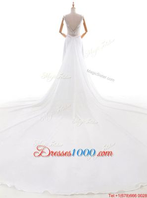 White Sleeveless With Train Beading Backless Wedding Gowns