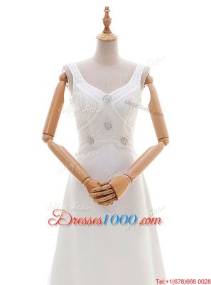 White Sleeveless With Train Beading Backless Wedding Gowns