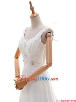 White Sleeveless With Train Beading Backless Wedding Gowns