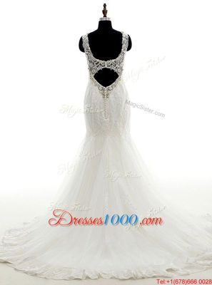 Fine Mermaid Tulle and Lace Sleeveless Wedding Dresses Brush Train and Beading