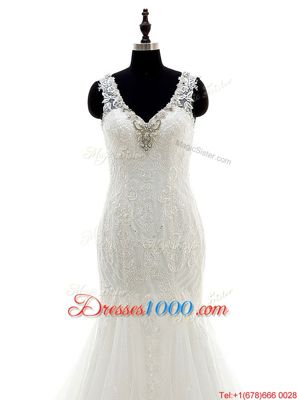 Fine Mermaid Tulle and Lace Sleeveless Wedding Dresses Brush Train and Beading