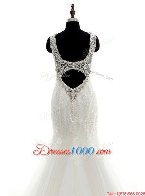 Fine Mermaid Tulle and Lace Sleeveless Wedding Dresses Brush Train and Beading