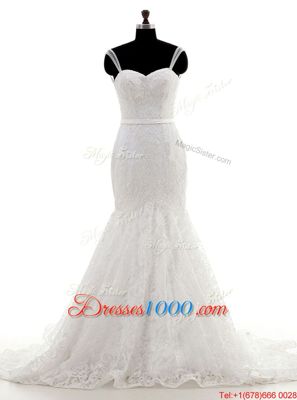 Lovely Mermaid White Sleeveless Lace Brush Train Backless Wedding Gowns for Wedding Party