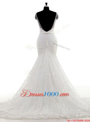 Lovely Mermaid White Sleeveless Lace Brush Train Backless Wedding Gowns for Wedding Party