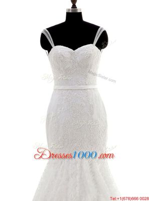 Lovely Mermaid White Sleeveless Lace Brush Train Backless Wedding Gowns for Wedding Party