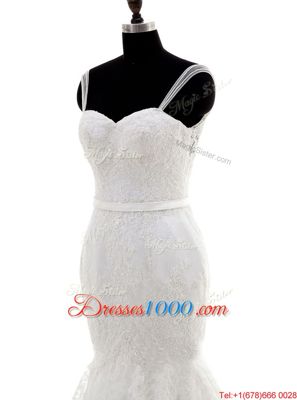 Lovely Mermaid White Sleeveless Lace Brush Train Backless Wedding Gowns for Wedding Party