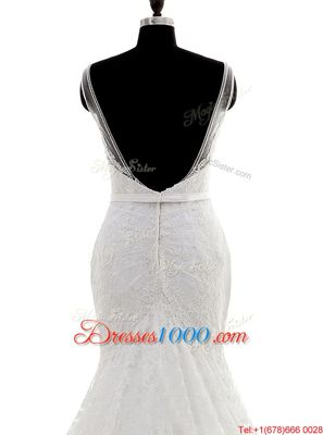 Lovely Mermaid White Sleeveless Lace Brush Train Backless Wedding Gowns for Wedding Party