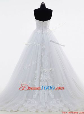 Sleeveless Tulle With Brush Train Clasp Handle Wedding Gown in White for with Lace and Appliques