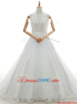 Unique Sleeveless Lace With Train Watteau Train Lace Up Wedding Gown in White for with Lace and Appliques