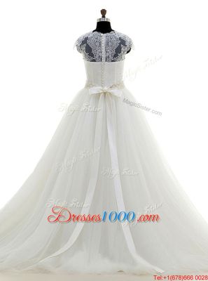 Glittering Tulle V-neck Cap Sleeves Brush Train Clasp Handle Beading and Lace Bridal Gown in White