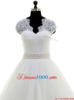 Glittering Tulle V-neck Cap Sleeves Brush Train Clasp Handle Beading and Lace Bridal Gown in White