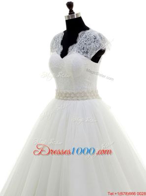 Glittering Tulle V-neck Cap Sleeves Brush Train Clasp Handle Beading and Lace Bridal Gown in White