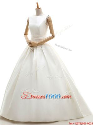 Suitable Floor Length White Bridal Gown Satin Sleeveless Ruching