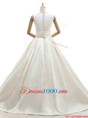 Suitable Floor Length White Bridal Gown Satin Sleeveless Ruching