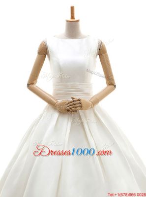 Suitable Floor Length White Bridal Gown Satin Sleeveless Ruching