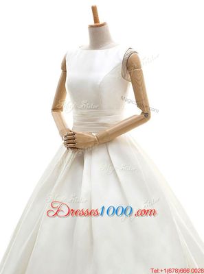 Suitable Floor Length White Bridal Gown Satin Sleeveless Ruching