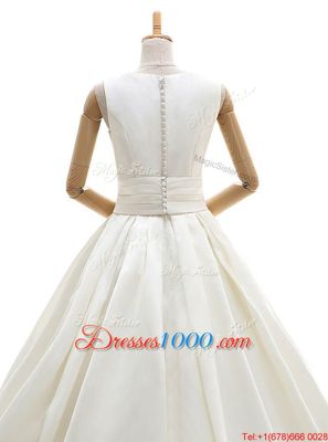 Suitable Floor Length White Bridal Gown Satin Sleeveless Ruching