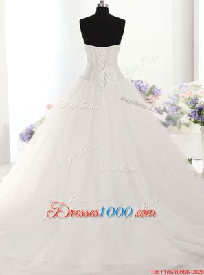 Cute White Tulle Lace Up Strapless Sleeveless With Train Wedding Dress Brush Train Beading