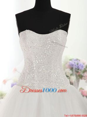 Cute White Tulle Lace Up Strapless Sleeveless With Train Wedding Dress Brush Train Beading