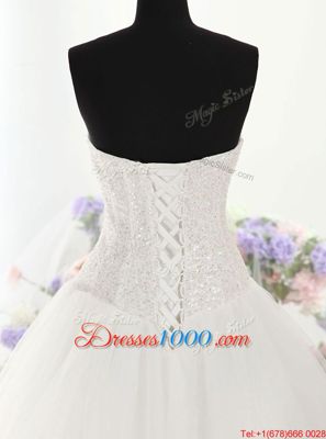 Cute White Tulle Lace Up Strapless Sleeveless With Train Wedding Dress Brush Train Beading