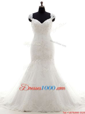 Glittering White Mermaid Sweetheart Cap Sleeves Tulle With Brush Train Lace Up Beading and Appliques Bridal Gown