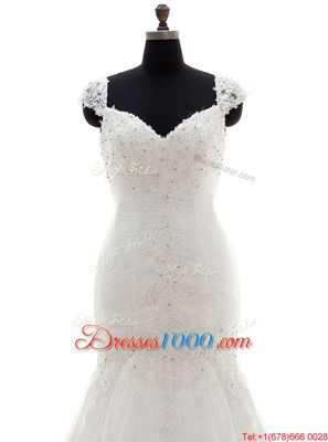 Glittering White Mermaid Sweetheart Cap Sleeves Tulle With Brush Train Lace Up Beading and Appliques Bridal Gown