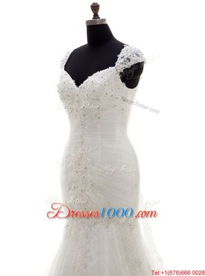 Glittering White Mermaid Sweetheart Cap Sleeves Tulle With Brush Train Lace Up Beading and Appliques Bridal Gown