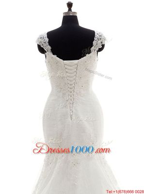 Glittering White Mermaid Sweetheart Cap Sleeves Tulle With Brush Train Lace Up Beading and Appliques Bridal Gown