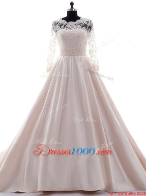 Colorful Scalloped Pink 3|4 Length Sleeve Satin Brush Train Clasp Handle Wedding Dress for Wedding Party